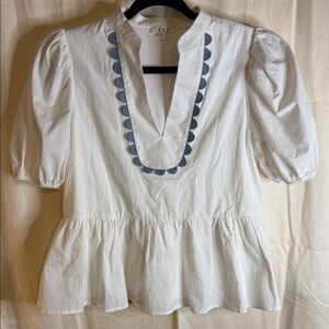 TCEC White Peplum Tunic with Blue Scallop Trim
